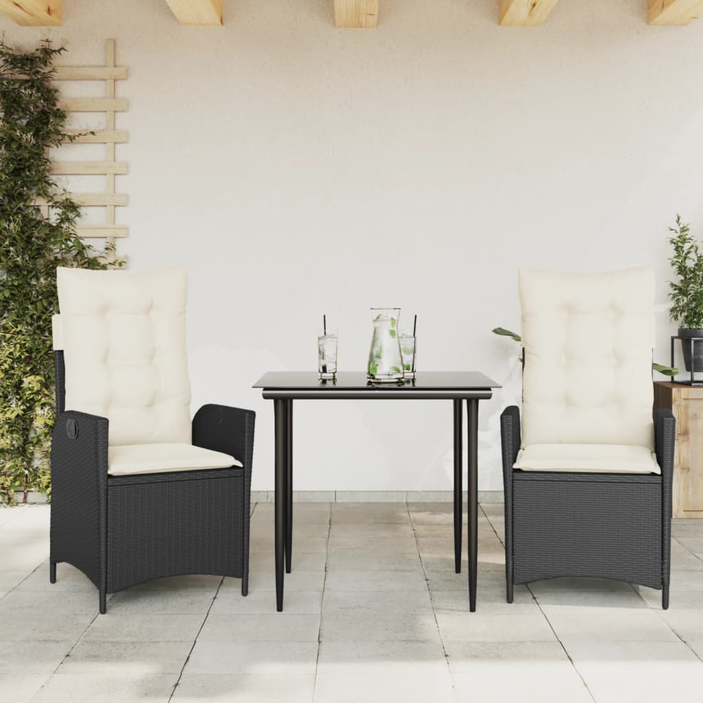 3-tlg. Garten-Essgruppe mit Kissen Schwarz Poly Rattan